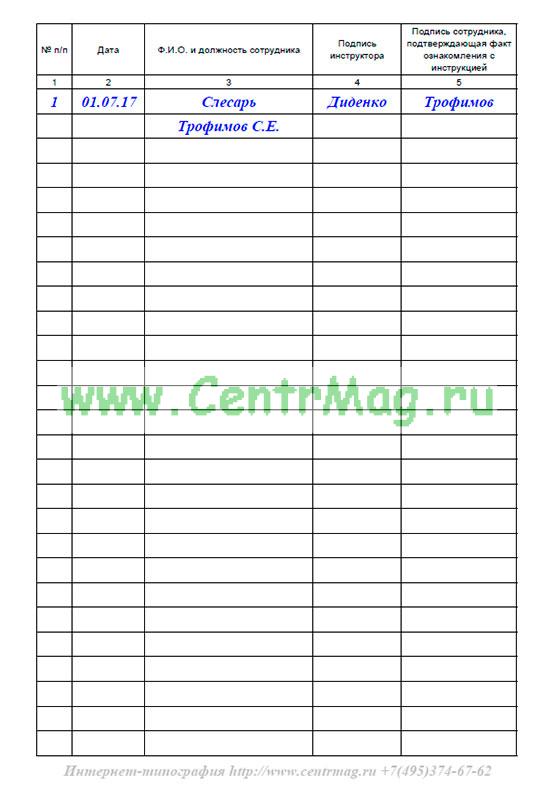 Образец заполнения листа ознакомления с инструкцией по охране труда