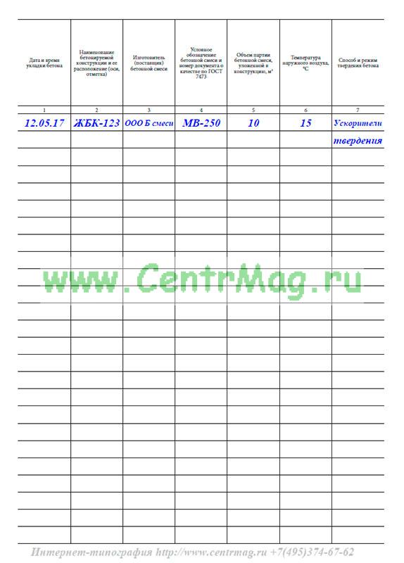 Образец заполнения журнала бетонных работ 2022