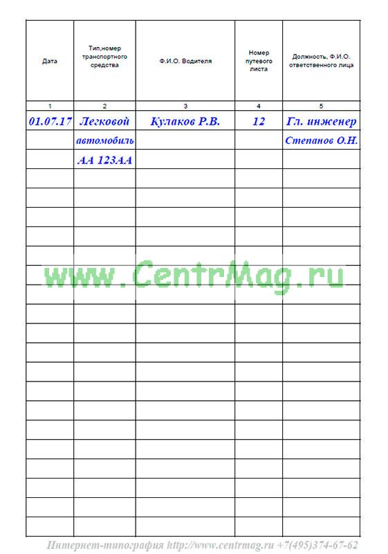 Образец заполнения журнала контроля технического состояния при выпуске и возвращении автомобиля