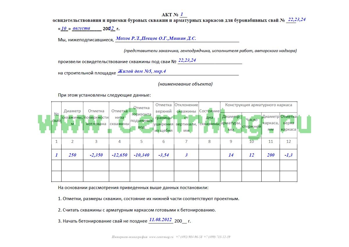 Акт осмотра инструмента образец