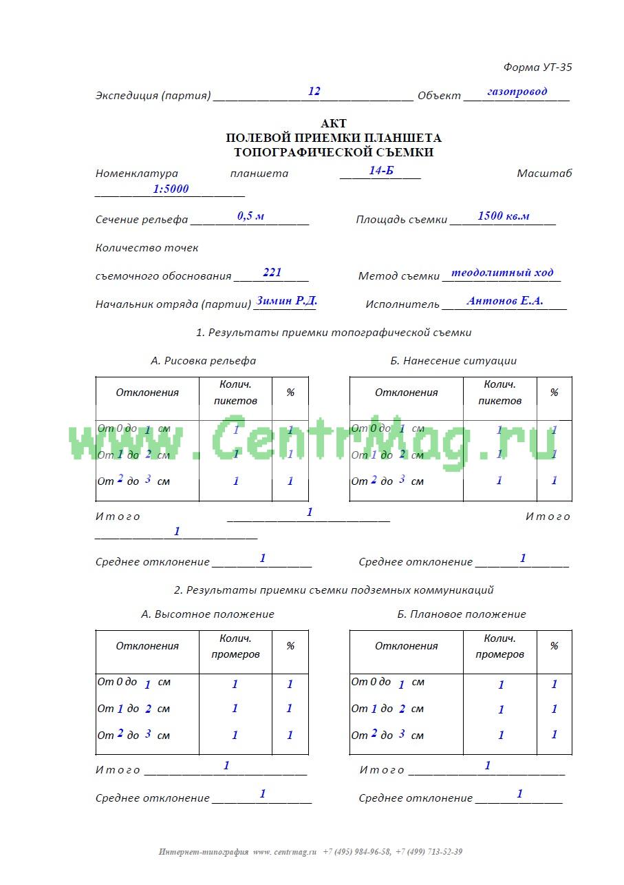 Акт приемки геодезических и топографических работ от исполнителя образец