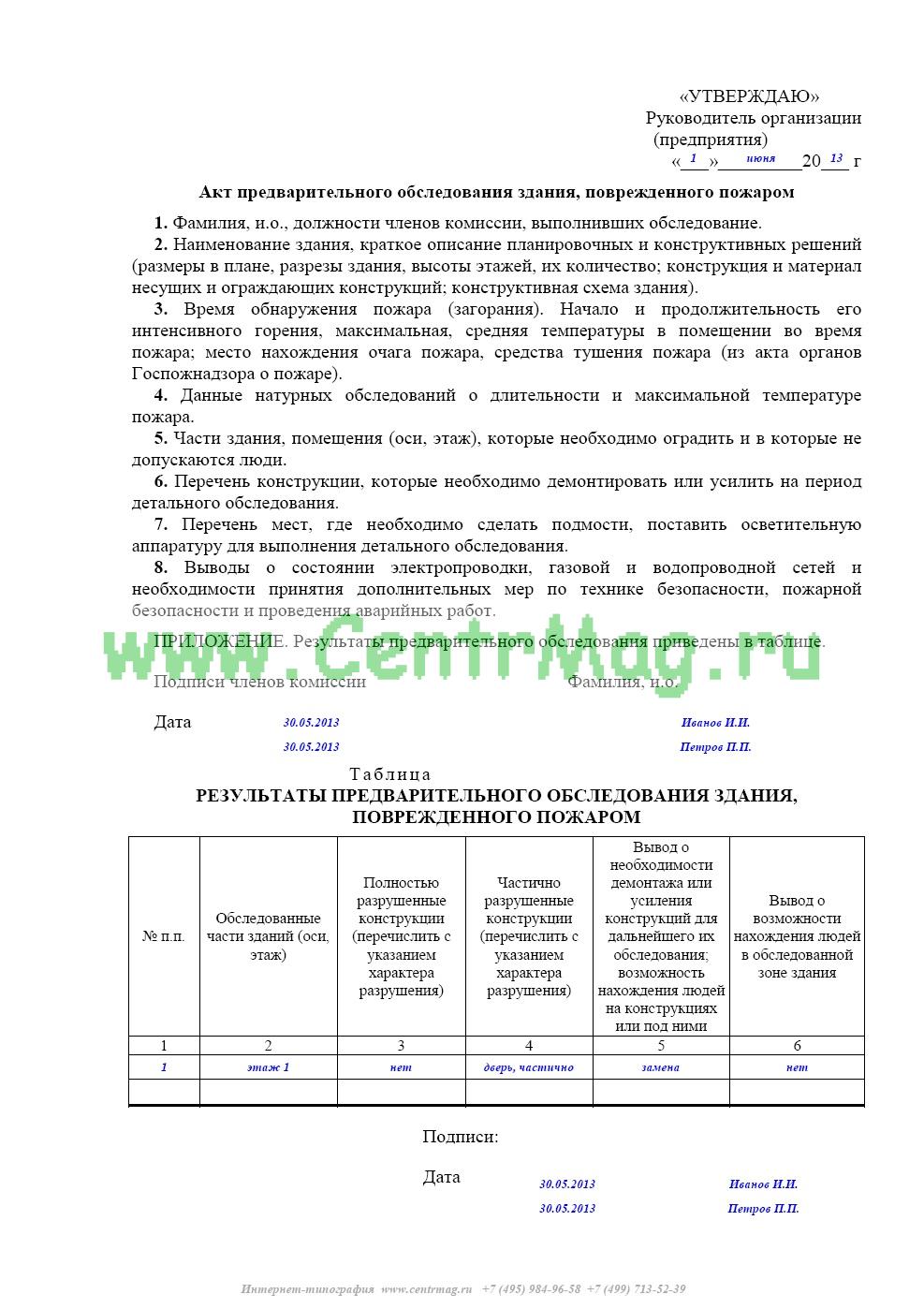 Образец акта о разрушении здания