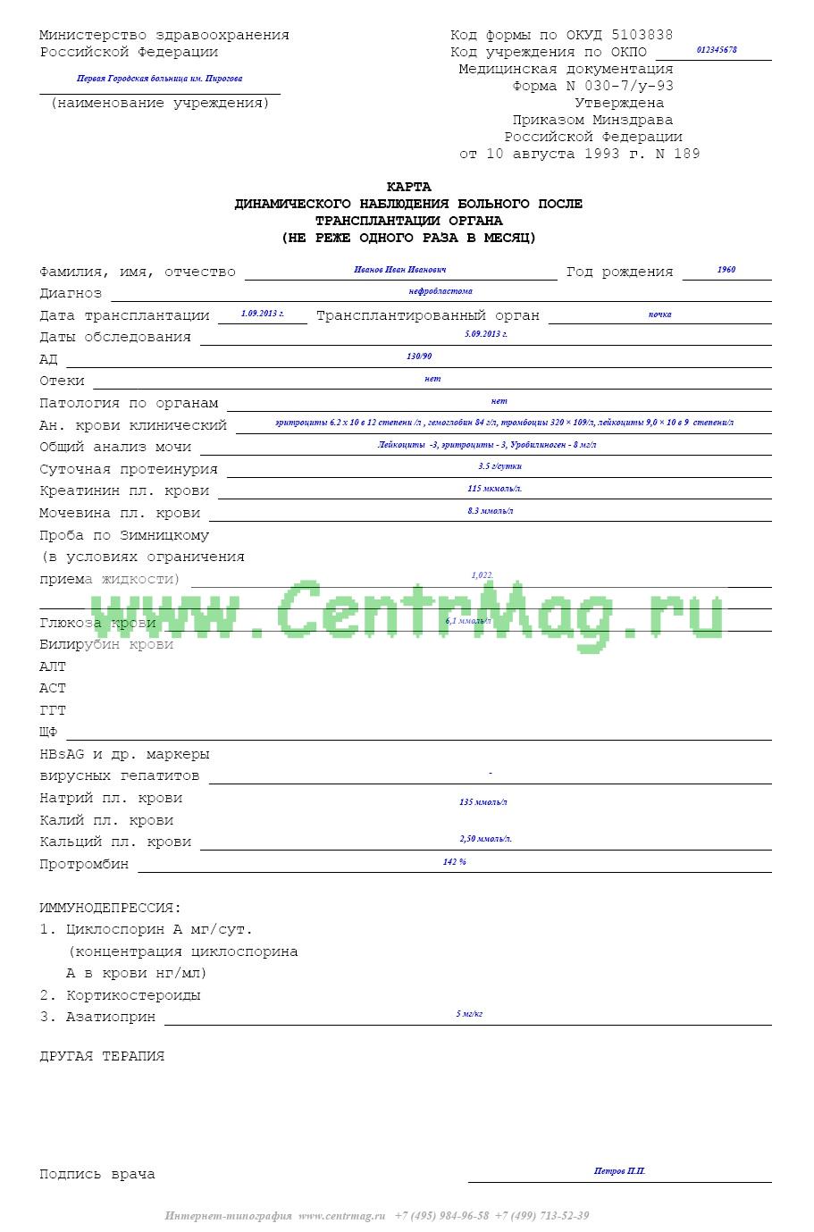 Карта наблюдения за пациентом пример