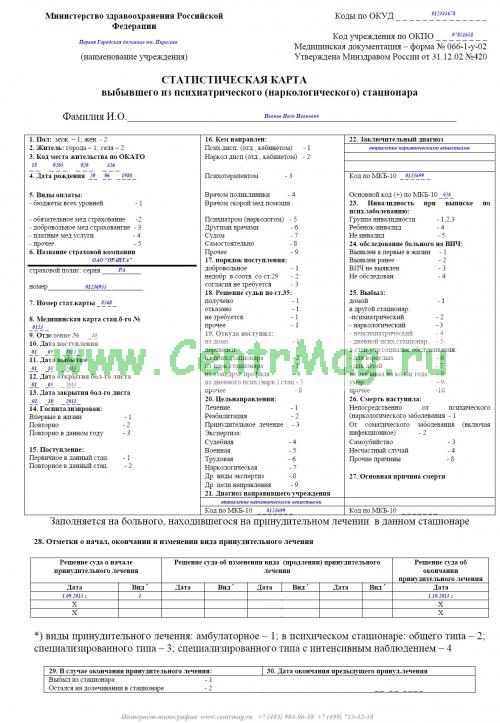 Статистическая карта выбывшего из стационара форма 066 у